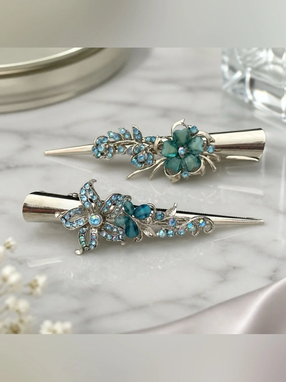 2 Silver-tone Alligator Hair Clamps Iridescent Blue Crystals